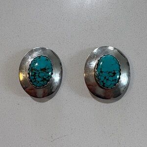 Vintage Native American Stamped Silver and Turquoise Oval Clip Earrings